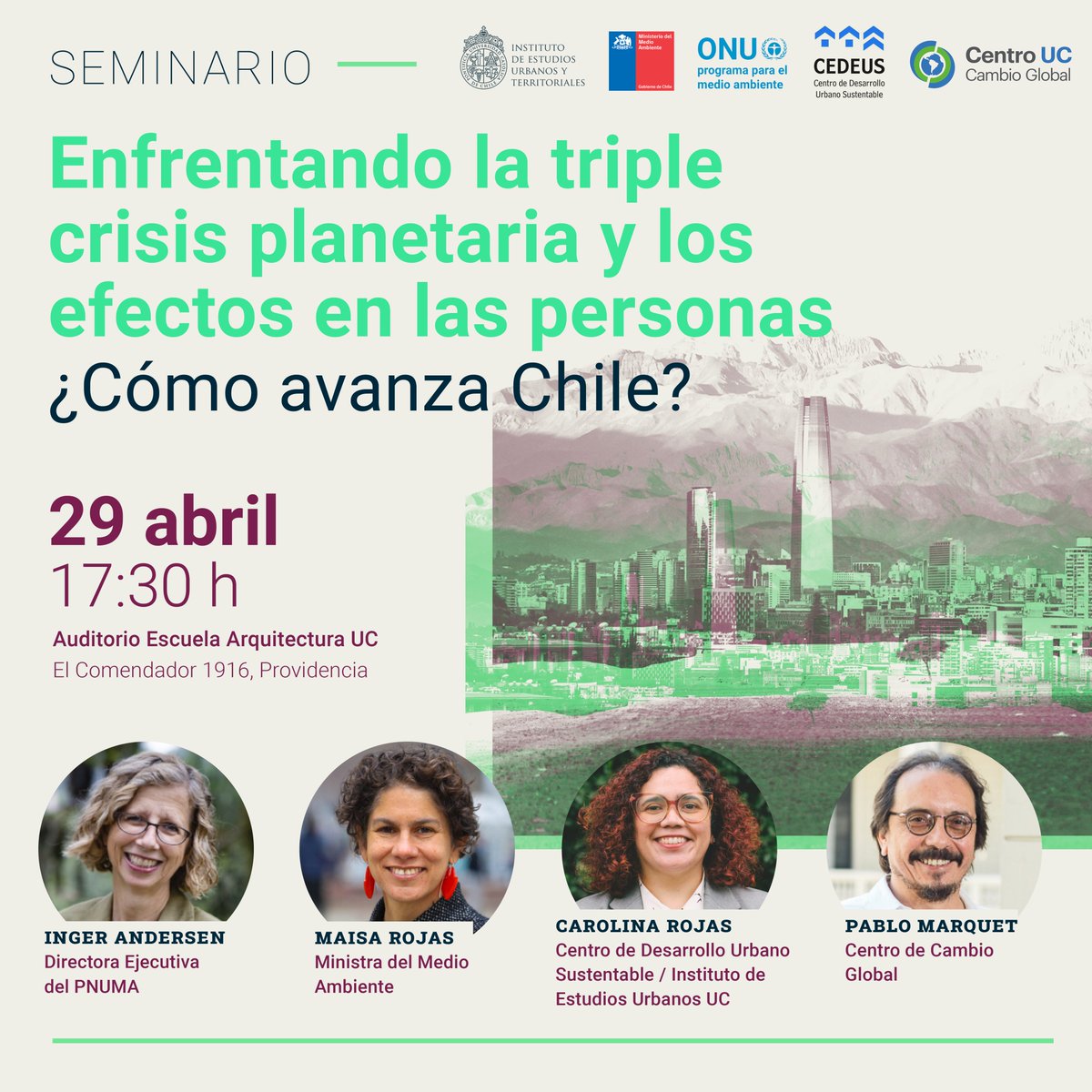 📅Los y las invitamos a participar del Seminario «Enfrentando la triple crisis planetaria y los efectos en las personas ¿Cómo avanza Chile?» a realizarse el lunes 29 de abril a las 17:30 hrs en el Campus Lo Contador UC. Inscripciones en 👇: forms.office.com/Pages/Response…