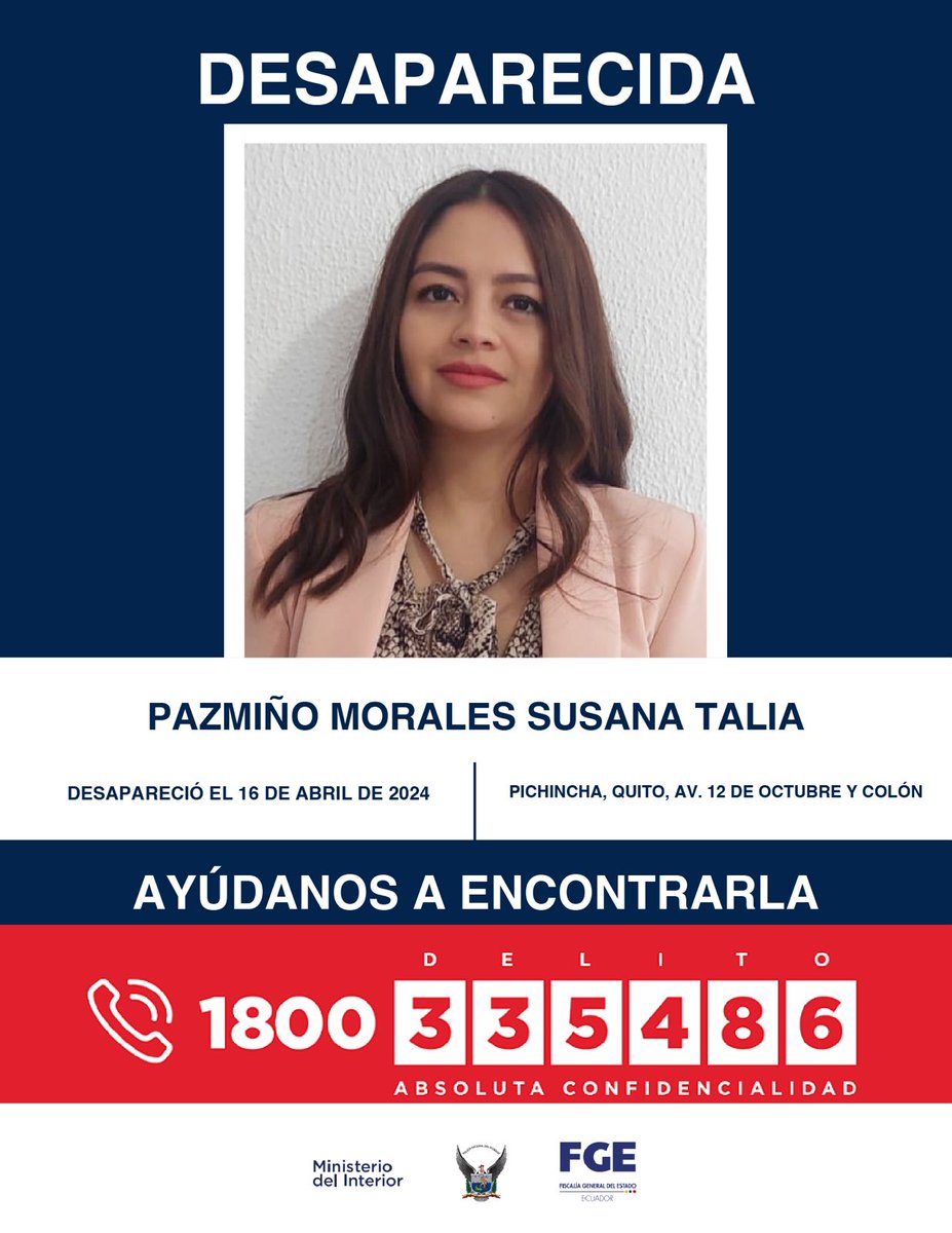 #DesaparecidosEcuador | #Pichincha: si tienes información sobre la ubicación de Susana Talía Pazmiño Morales, comunícate de inmediato con las autoridades. Fue vista por última vez el 16 de abril de 2024 en la Av. 12 de Octubre y Colón, en el centro norte de #Quito.