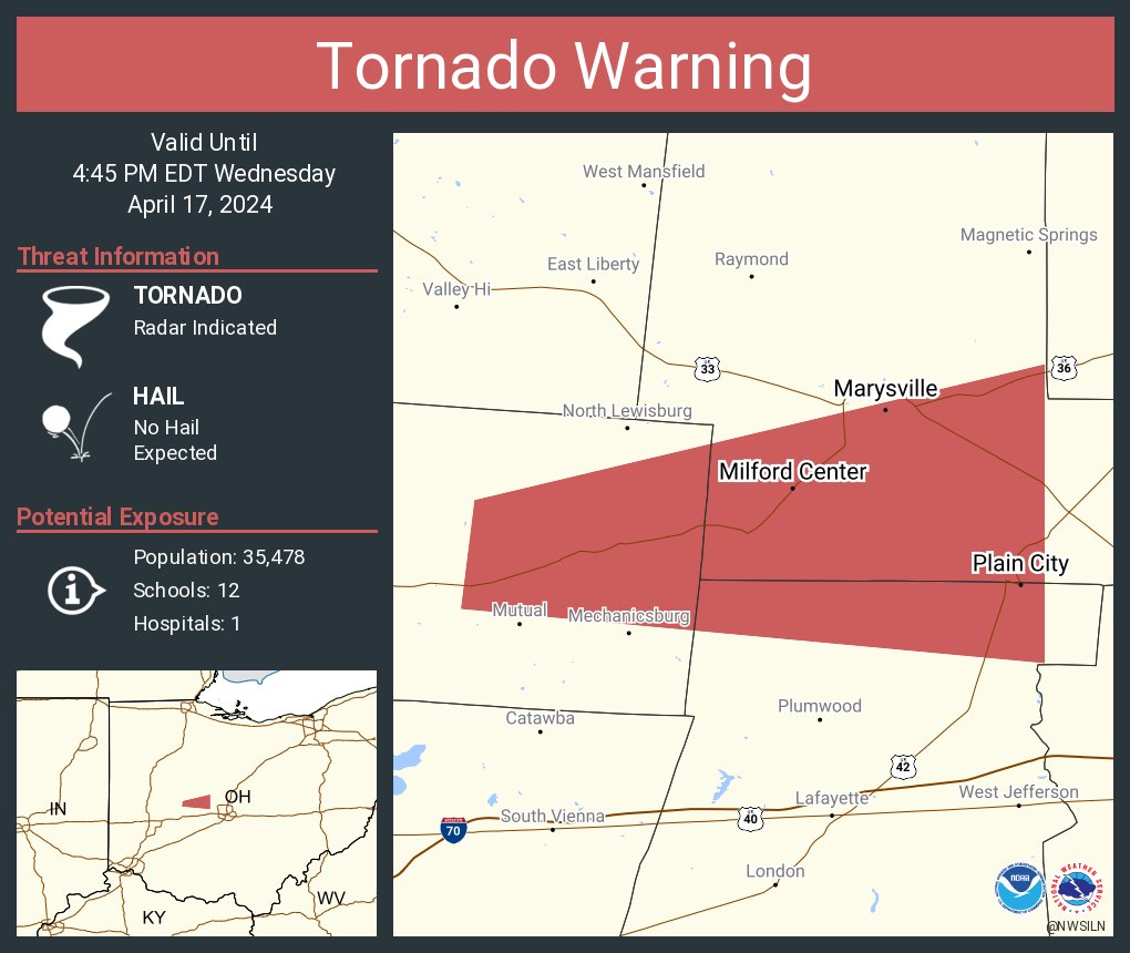 Tornado Warning including Marysville OH, Plain City OH and  Milford Center OH until 4:45 PM EDT