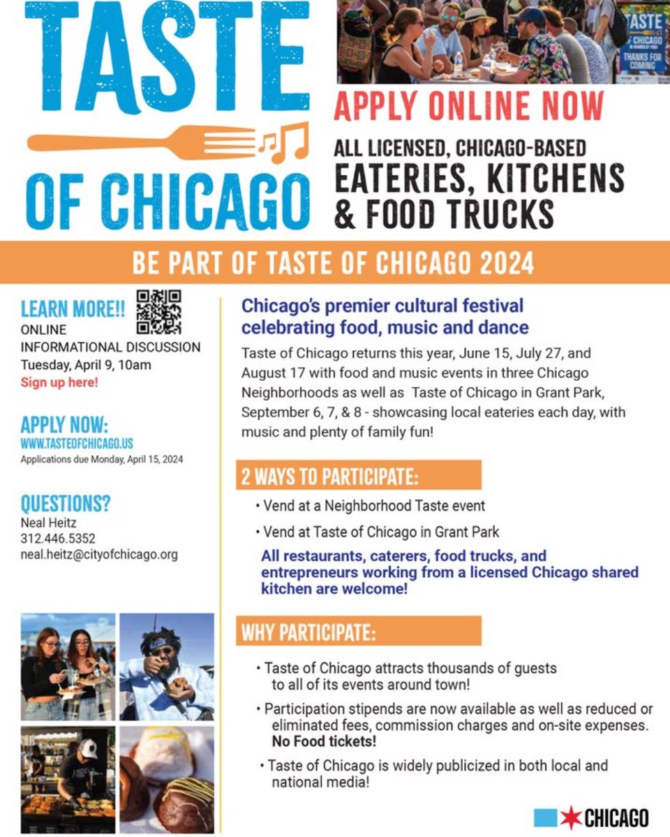 This year's Taste of Chicago 2024 vendor application has been extended through April 26th! Let your favorite local restaurants, food trucks and shared kitchens know there's still a chance to apply. Learn more: chicago.gov/city/en/depts/…