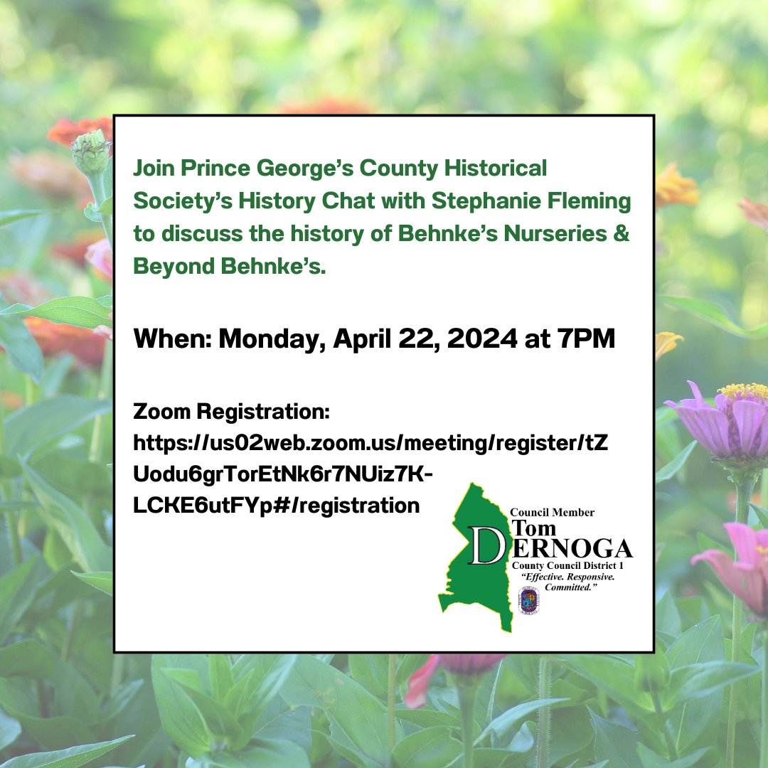 💐 Join  Prince George's County Historical Society for a History Chat on Mon, April 22 at 7PM. Stephanie Fleming of Behnke’s Nurseries will discuss its history & her latest website: Beyond #Behnke’s. #garden #Beltsville #gardening #nature