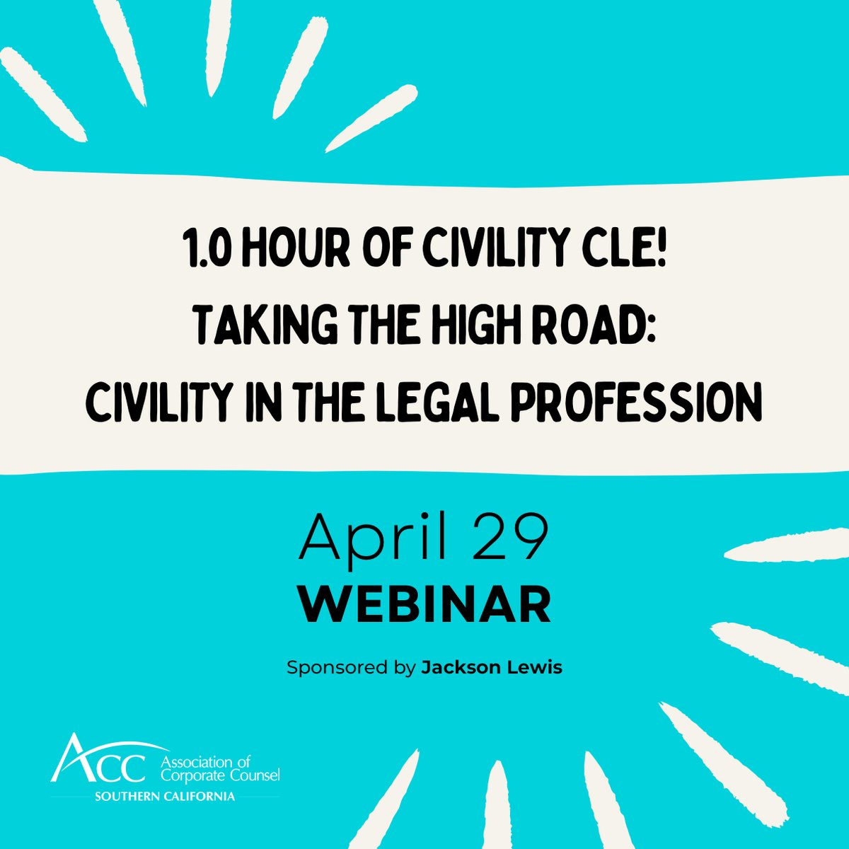NEW DATE FOR OUR UPCOMING WEBINAR

Civility CLE! Taking the High Road: Civility in the Legal Profession

acc.com/education-even…

#acc #accfamily #accsouthernca #accsocalevents #webinar #CLE #civility #civilityCLE #inhousecounsel #corporatecounsel #inhouseattorney #inhouselawyer