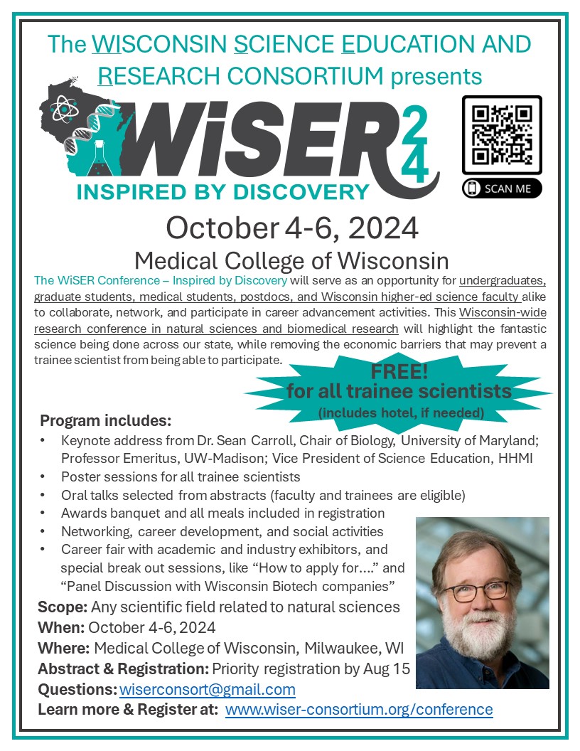 I'm so excited to announce - The first ever Wisconsin-wide research conference for scientists at ALL career stages! Registration now open. Free for for all trainee scientists (undergrads onward)! Please share.