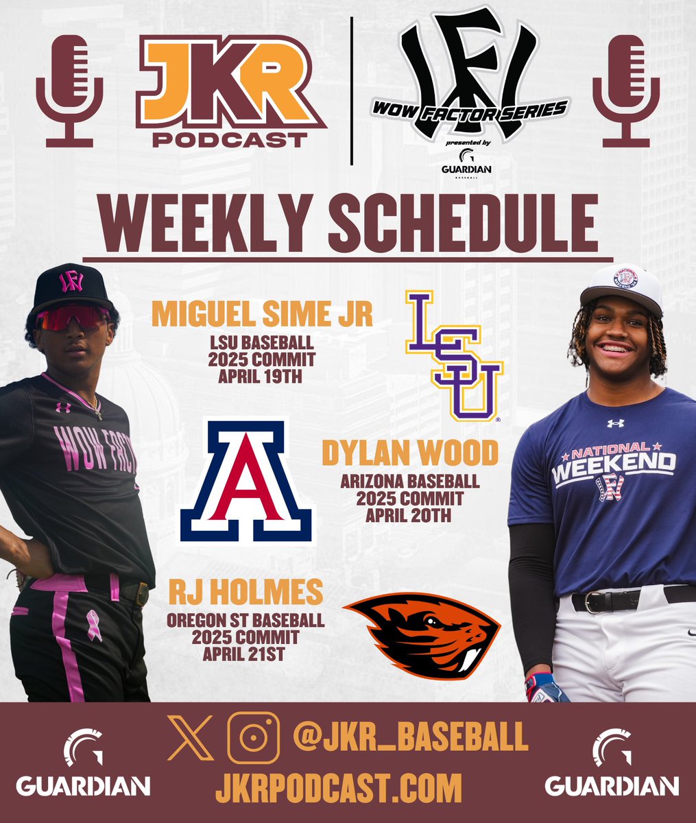 JKR_Baseball's tweet image. ‼️ WEEKLY SCHEDULE‼️
@WowFactorNation SERIES: WEEK #3
🟠 2025 LSU Commit Miguel Sime Jr
🔴 2025 Arizona Commit Dylan Wood
🟠 2025 Oregon St Commit RJ Holmes
🎧 Apple Podcast & Spotify
