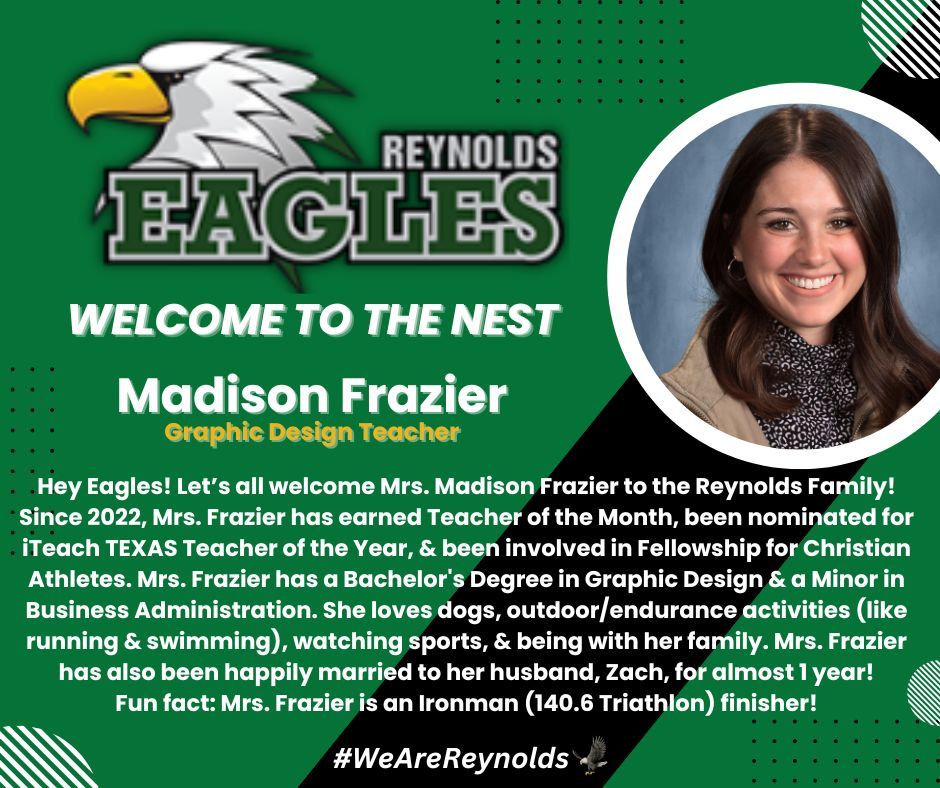 Reynolds Middle School is going 2-for-2 on #WelcomeWednesday!! Let's have another warm, Eagle welcome for Mrs. Madison Frazier! Mrs. Frazier will be joining Reynolds as a Graphic Design teacher next year. We can't wait for '24-25!! #WeAreReynolds🦅 #WelcomeToOurHouse