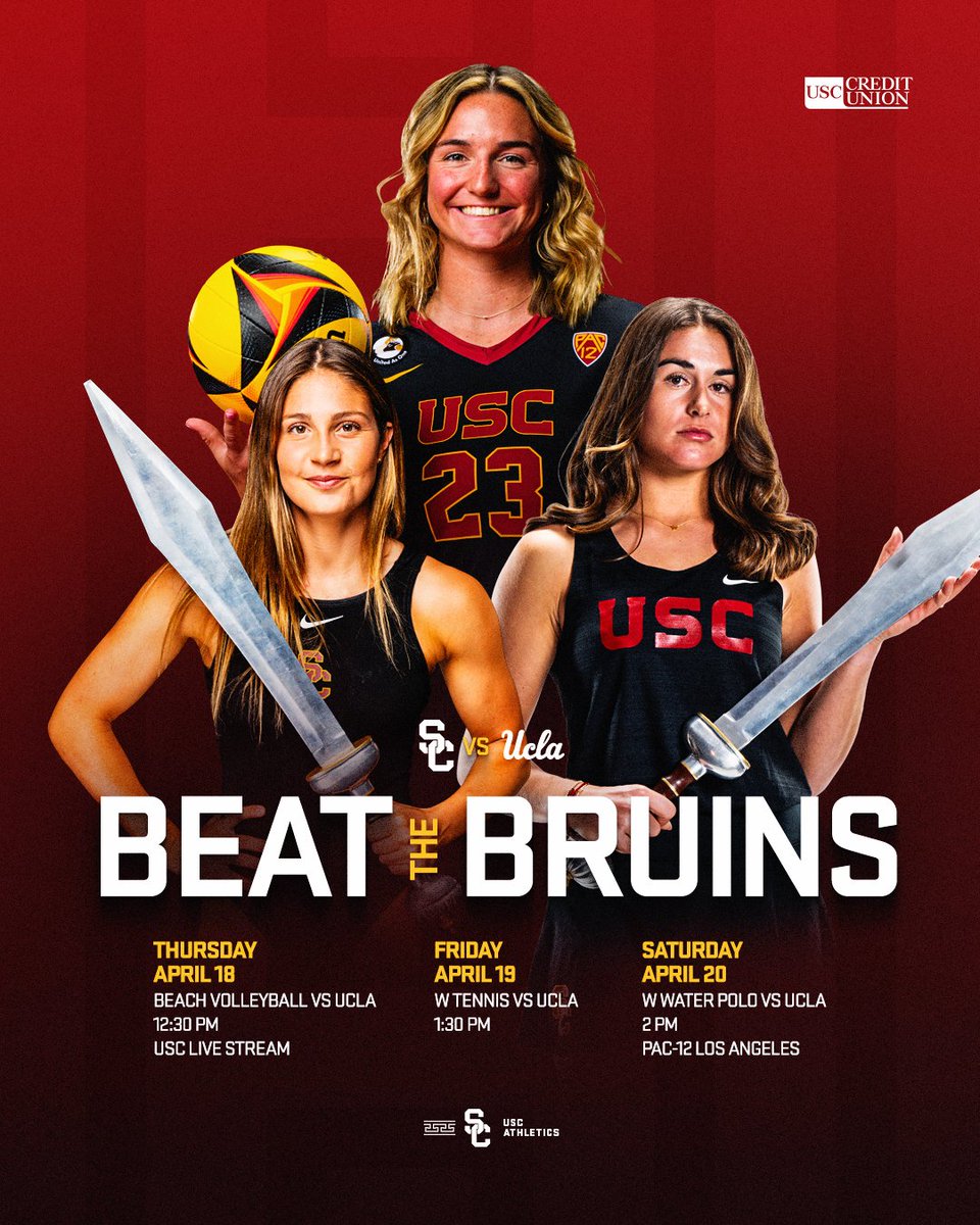 Three chances to #BeatTheBruins at home this week! Come out and support @USCBeach, @USCWomensTennis and @USCWaterPolo!