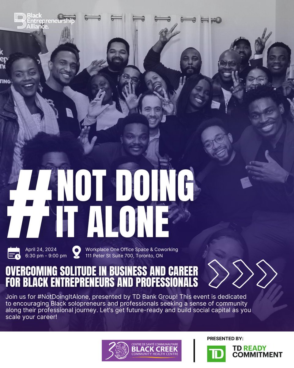 Join us on April 24th for #NotDoingItAlone - presented by @td_canada! 🎉 We will be joined by a panel of Black entrepreneurs to discuss their journeys through entrepreneurship! Link in bio to register!
#TDReadyCommitment #LeadershipDevelopment #BusinessSkills #FutureReady