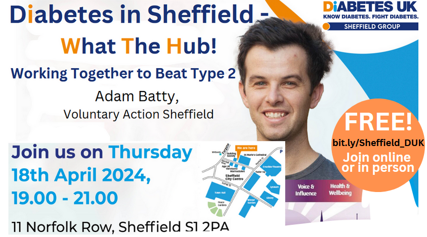 Join us and Adam Batty to chat about the fabulous #SheffieldActionHub Join online or in person - all welcome - it will be eye opening, encouraging & full of promise! bit.ly/Sheffield_DUK Plz RT! @SYhealthcare @pagehallhealth @olliehart7 @felly500 @DiabetesUK @HelpSheffield