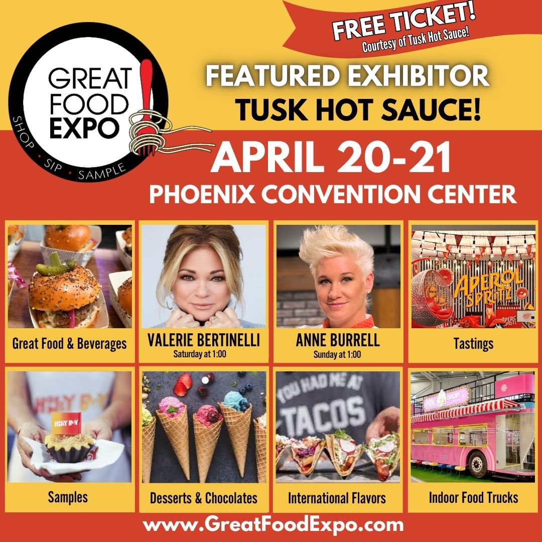Join us this weekend at the Great Food Expo! We will have tasters ready, and our excited to share our hot sauces with you! Save a screen shot of this post for access to the event! #greatfoodexpo @greatfoodexpo #Phoenix #az #tusk #tuskhotsauce #hotsauce #food #greatfood #tusksauce