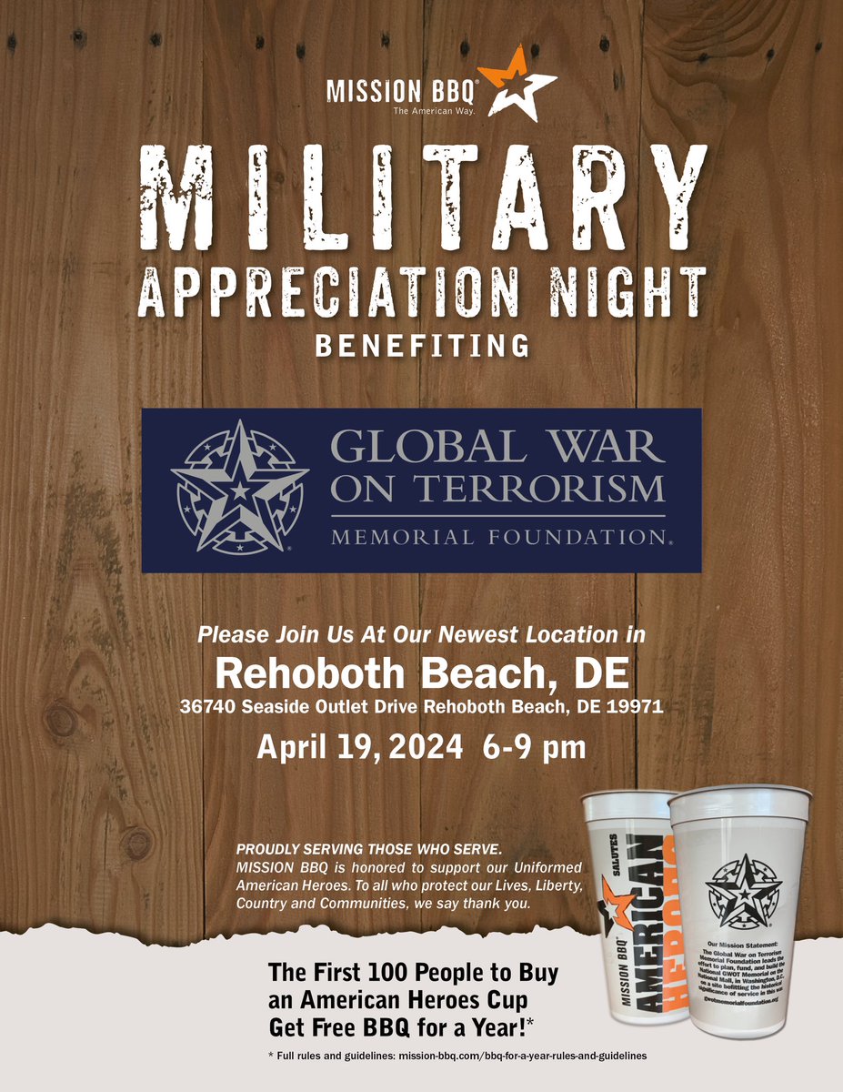 Want FREE BBQ For A Year? Come to Military Appreciation Night at our new location in Rehoboth Beach, DE on Friday, from 6pm-9pm. Be one of the first 100 to buy an American Heroes Cup and get FREE BBQ for a year! 36740 Seaside Outlet Drive Rehoboth Beach, DE 19971
