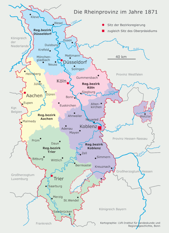 Die Rheinprovinz umfasste die rheinischen Gebiete im heutigen Nordrhein-Westfalen, Rheinland-Pfalz sowie das Saarland. Es gliederte sich in die Regierungsbezirke Düsseldorf, Köln, Aachen, Koblenz und Trier.