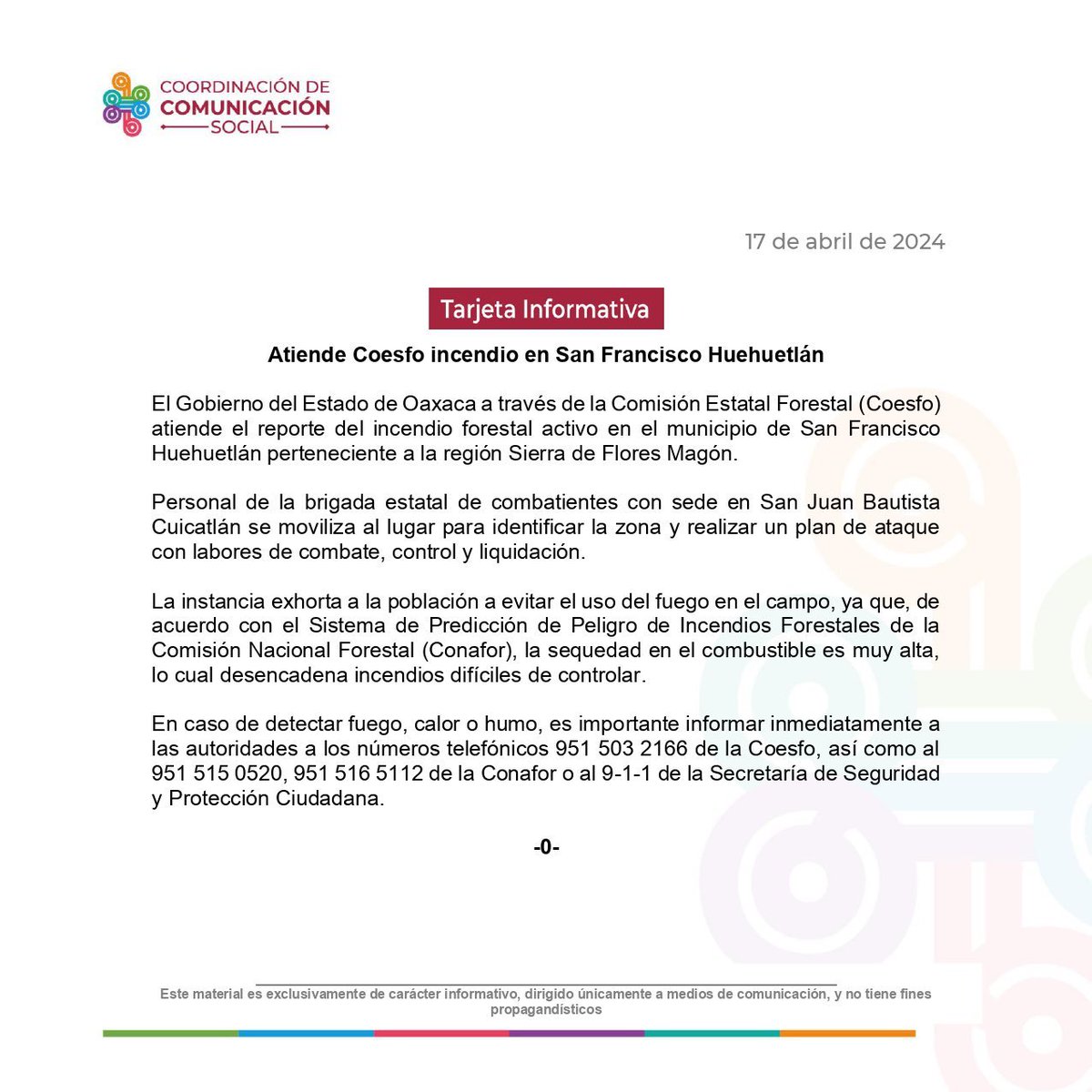 #Nacional El Gobierno de #Oaxaca (@GobOax) informó que en conjunto con la Comisión Estatal Forestal de la entidad se atiende el #ncendioForestal activo en el municipio de San Francisco Huehuetlán perteneciente a la región Sierra de Flores Magón. Ante esta situación exhorta a…