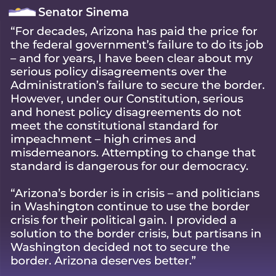 Sinema Statement on Dismissal of Senate Impeachment Trial