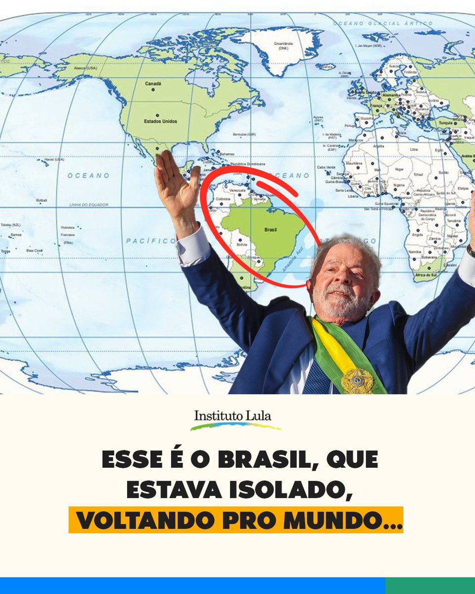 Mapa-múndi com o Brasil no centro? Temos!✅ Se antes nosso país estava isolado e sem credibilidade, agora estamos de volta ao mundo! 🇧🇷🌎