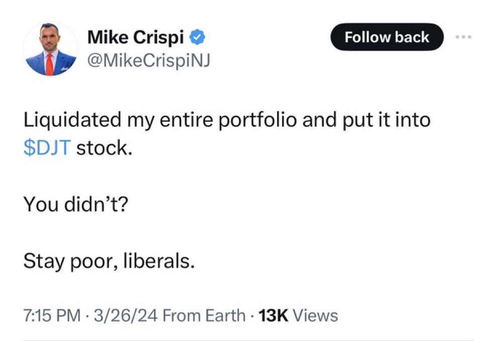 Whoever @MikeCrispi is, his stupidity has cost him 61% of his net worth in just three weeks. Good job, sir