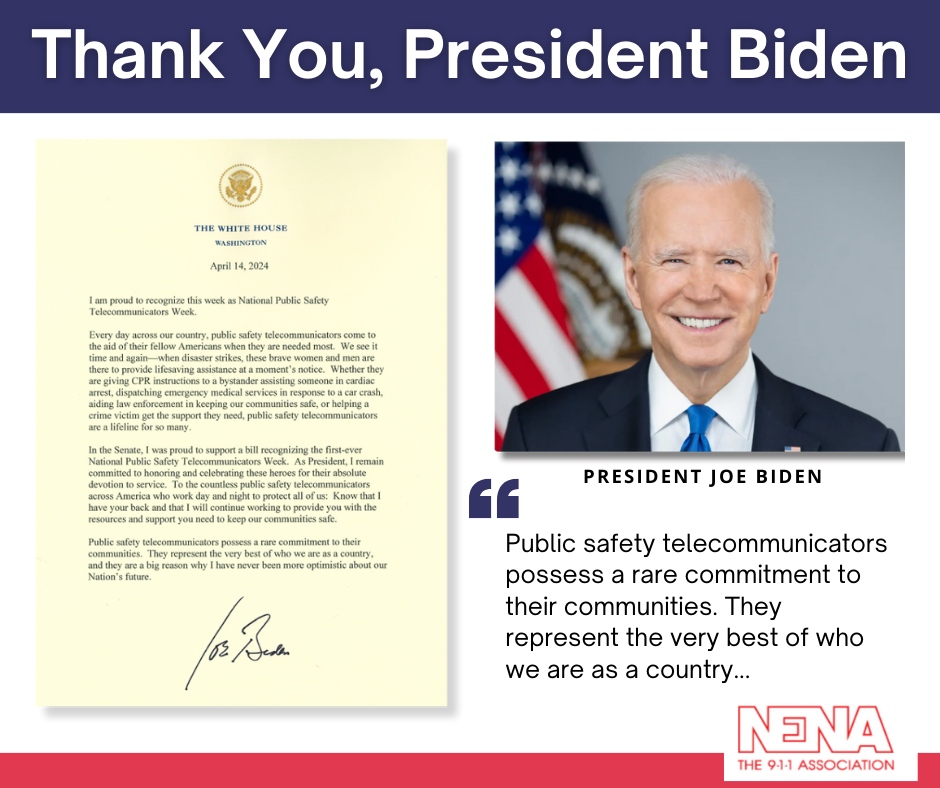 911NENA911's tweet photo. Thank you, President Joe Biden, for your words of recognition to 9-1-1 professionals and National Public Safety Telecommunicators Week.
➡️ https://t.co/AS6CpalEQv

#NPSTW #911Professionals #ThankYou911 https://t.co/XB00yKaGZe