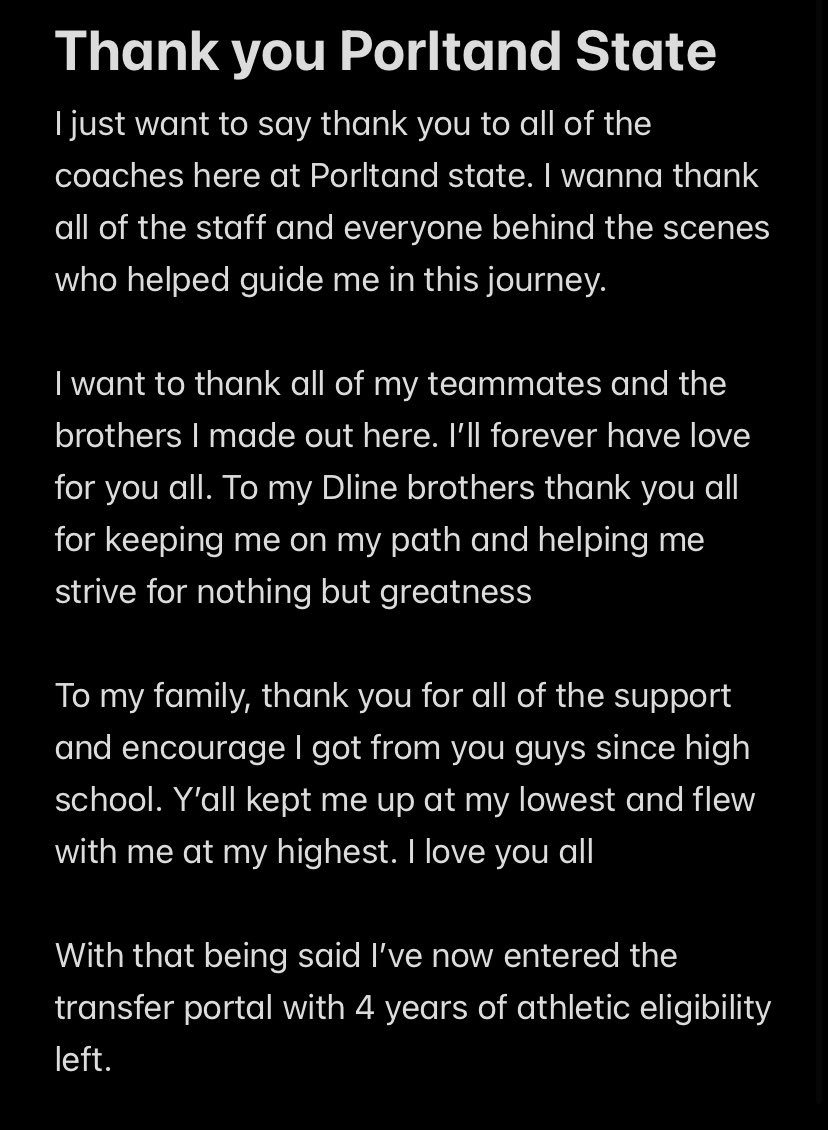 Thank you Portland State 

I’ve now entered the transfer portal with 4 years of athletic eligibility

#transferportal #CollegeFootball #ncaa