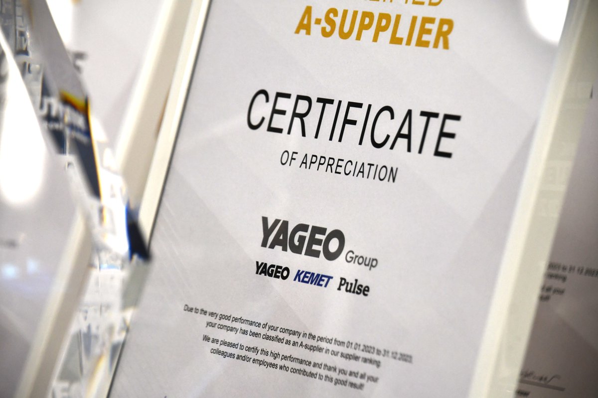 KEMETCapacitors's tweet photo. We are proud to announce that YAGEO Group received the prestigious Qualified A-Supplier Award from @Rutronik. It is a result of the hard work &amp; dedication of our team, as well as the superior quality of our products. Together, we remain committed to elevating industry standards. https://t.co/pcev5HHzPQ