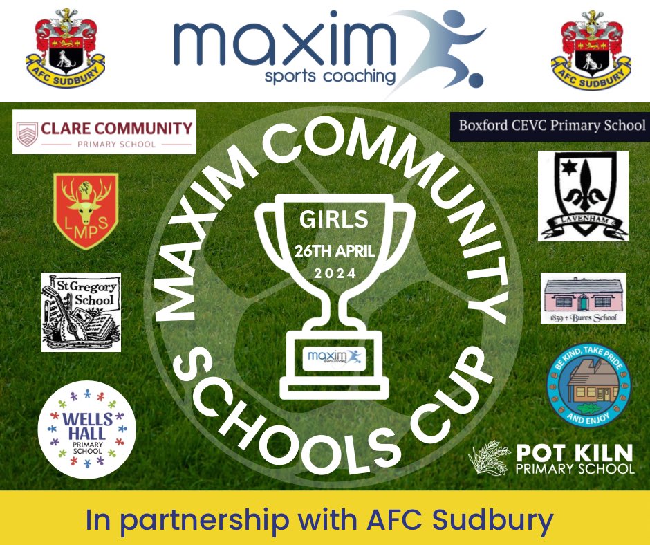 ⚽️ We are so excited for our next Maxim Community Schools Cup event next Friday which is all about the Girls! 👭👭

#sudburysuffolk #sudburysuffolkuk #suffolkprimaryschools #afcsudbury #maximsportscoaching #maximcommunitycup #greatcornard #babergh #schoolcompetitions