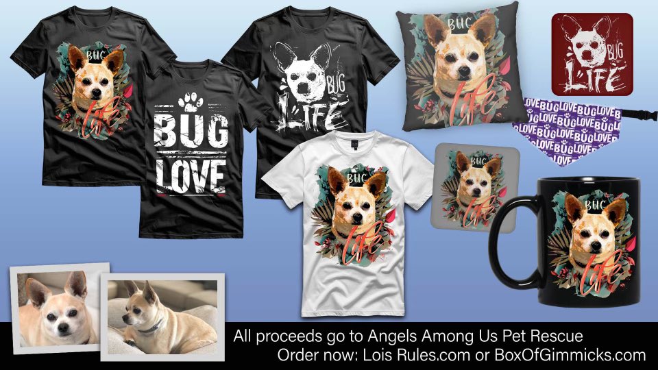 The Bug merch is up! Go over to Boxofgimmicks.com and grab you a t-shirt of my best buddy. All proceeds go directly to @angelsrescue Bug changed my life and you can help change the life of a dog/cat. #loveyourdogs
