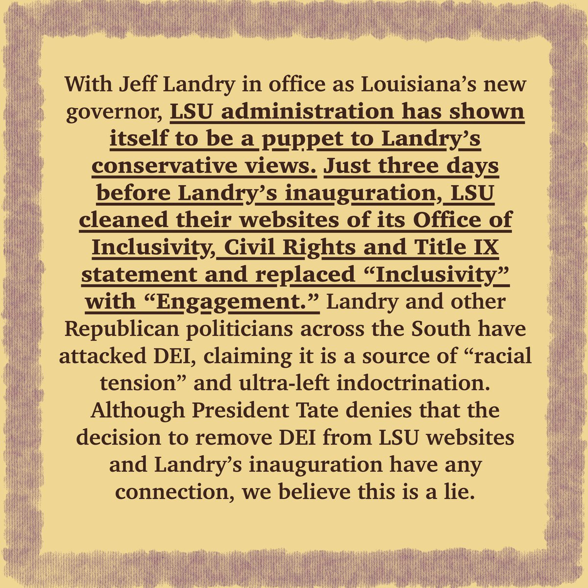 sdsatlsu's tweet photo. Students for a Democratic Society Condemns LSU’s Attack on DEI! We will be marching on the capitol with a coalition of organizations April 22nd at 1pm. https://t.co/RXoBnO4fJq