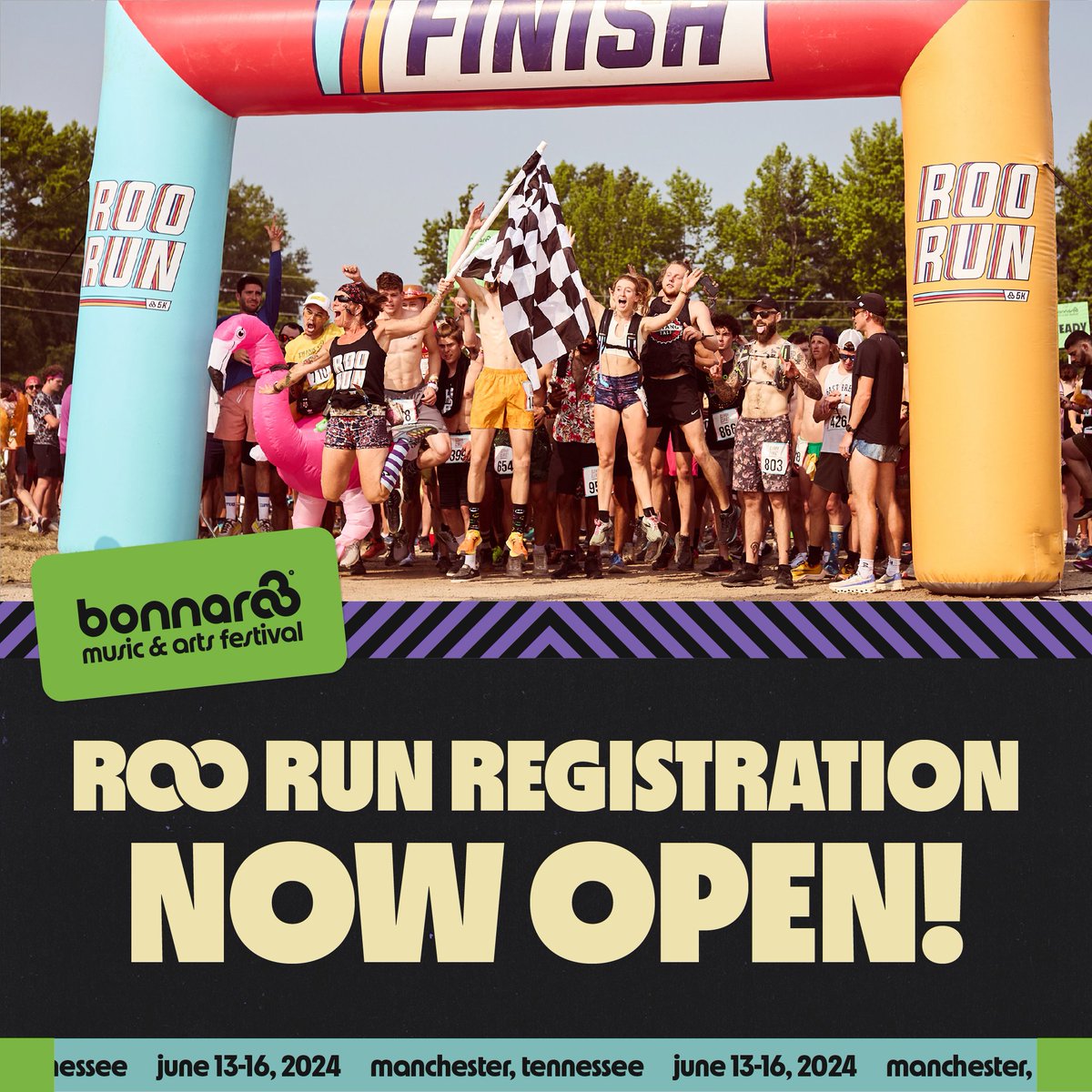 Bonnaroo's tweet photo. sign up to run (or stroll, let's be real) around the campgrounds in support of @bonnarooworks 🏃🌈

all you need are athletic shoes! costumes of all kinds are encouraged 🥸
⁣
register before 5/24 to receive an event tank top 👉 https://t.co/oGtykSnXfl https://t.co/mlO3C5goYB