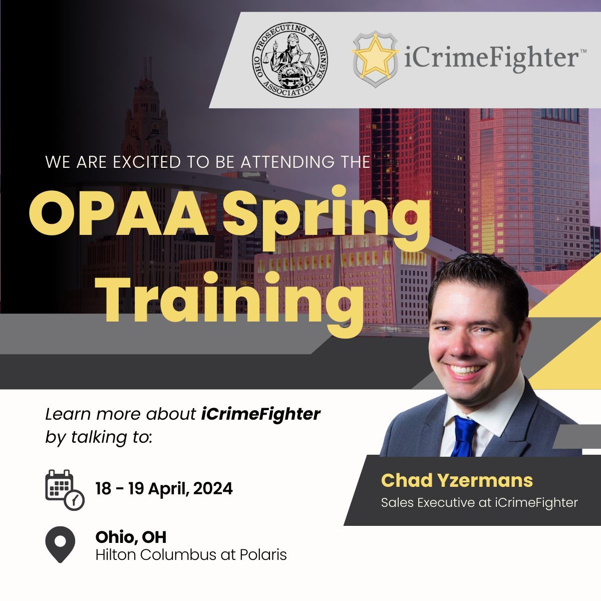 icrimefighter's tweet photo. We are excited to invite you to visit our booth at the upcoming Ohio Prosecuting Attorneys Association (OPAA) Spring Training this April 18th and 19th. 
#OPAASpringTraining #iCrimeFighter #OhioProsecutors #LegalTech #DigitalEvidenceManagement https://t.co/EuXMdouUtF