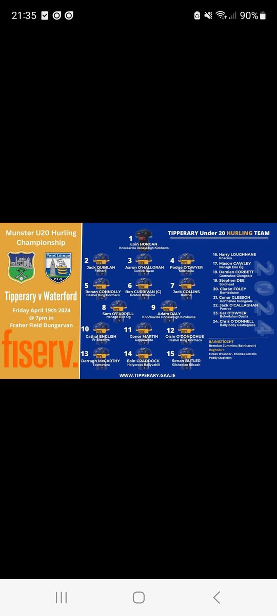 Best of luck to Jack Quinlan and the Tipperary U20 Hurlers on Friday v Waterford in the Munster Championship.