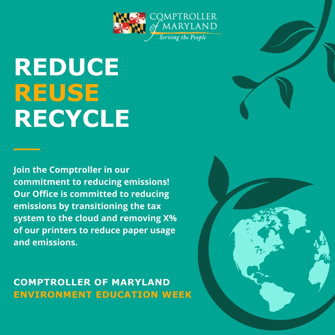 Climate resilience is a key priority for the Comptroller of Maryland! In anticipation of #EarthDay next week, we will be sharing ideas to ensure a cleaner, more sustainable, and resilient future. Join the Comptroller in our commitment to reducing emissions! The Office is…