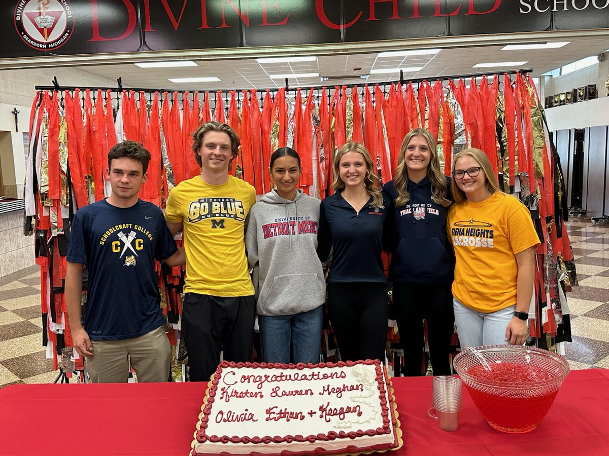Congrats to the Falcons recognized at today's signing ceremony: Kristen Koss (U-D Mercy, XC and track), Meghan Koss (U-D Mercy, track), Olivia Velazquez (U-D Mercy, track), Lauren Thomas (Siena Heights, lacrosse), Ethan Lewis (Schoolcraft, XC), Keegan Tripp (U-M Dearborn, golf).