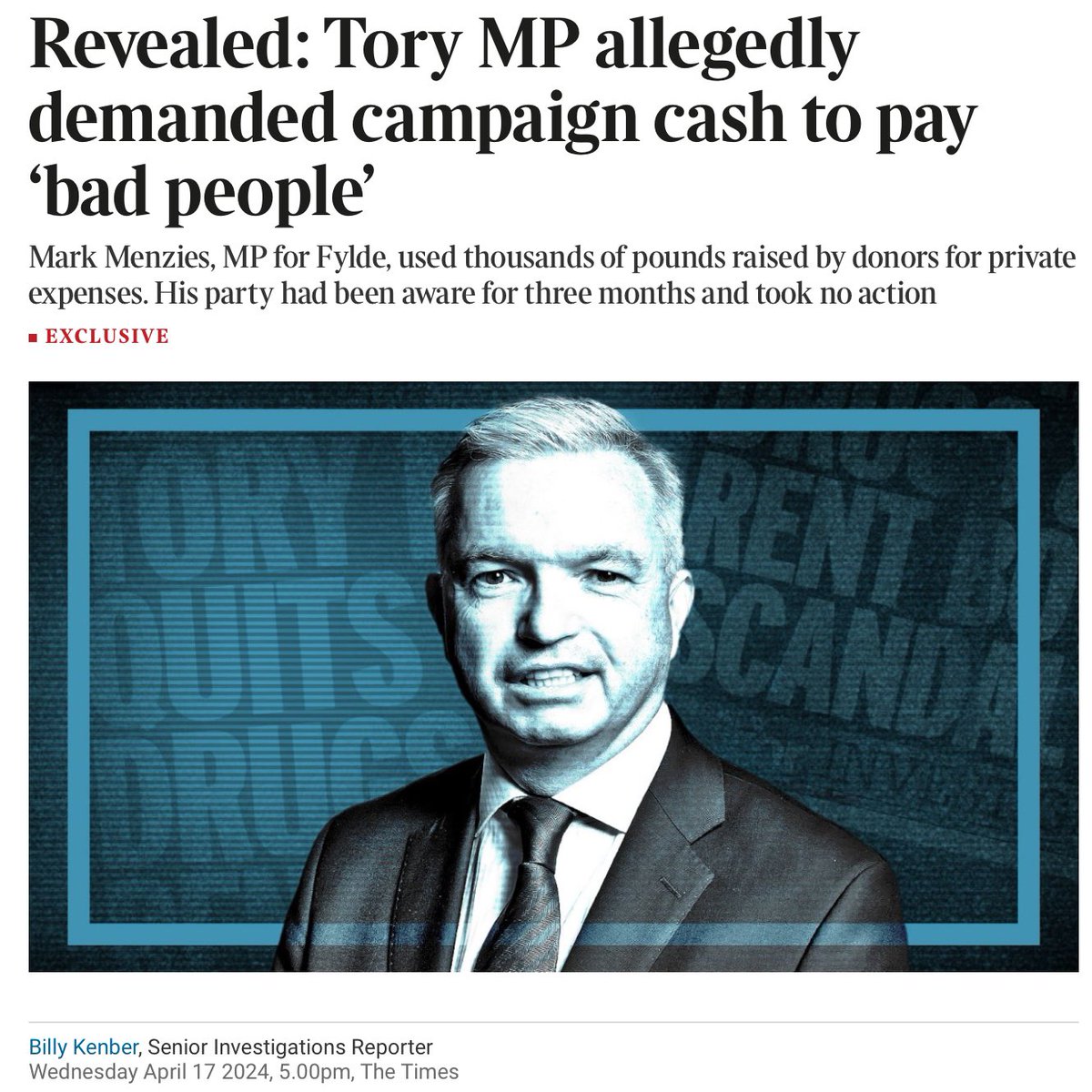 Fylde MP Mark Menzies used campaign funds to release him from ‘bad people’ @thetimes reveals bit.ly/3xCiK25 previously £14,000 given by donors for use on Tory campaign activities had been transferred to his personal bank account and used for private medical expenses.