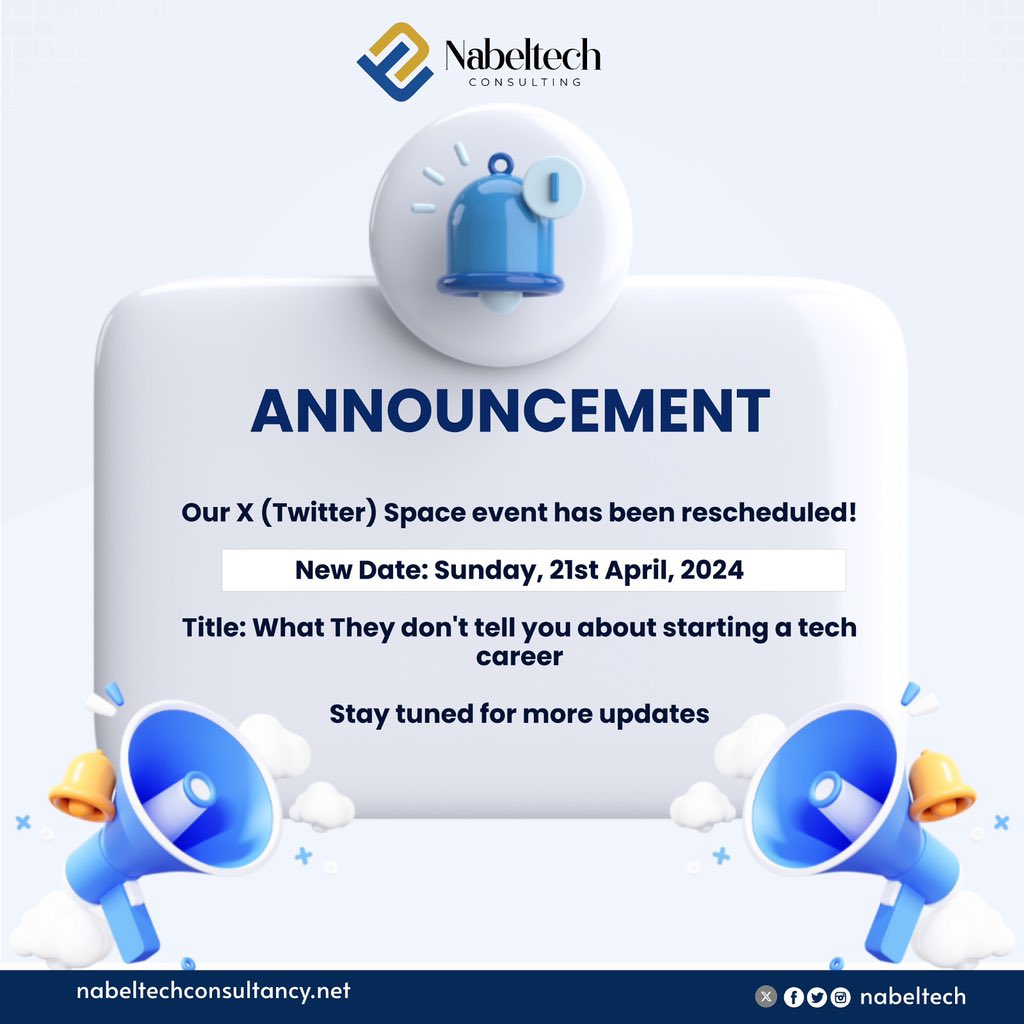 NabelTech's tweet image. ATTENTION 📢📢📢

We want to inform you that our Twitter space will now hold on Sunday, 21st April.

If you haven’t set your reminder, this is your opportunity to do so before the day.

Kindly set your reminder via the link in bio

#nabeltech #tech #nocodetech  #nontechnicalskill