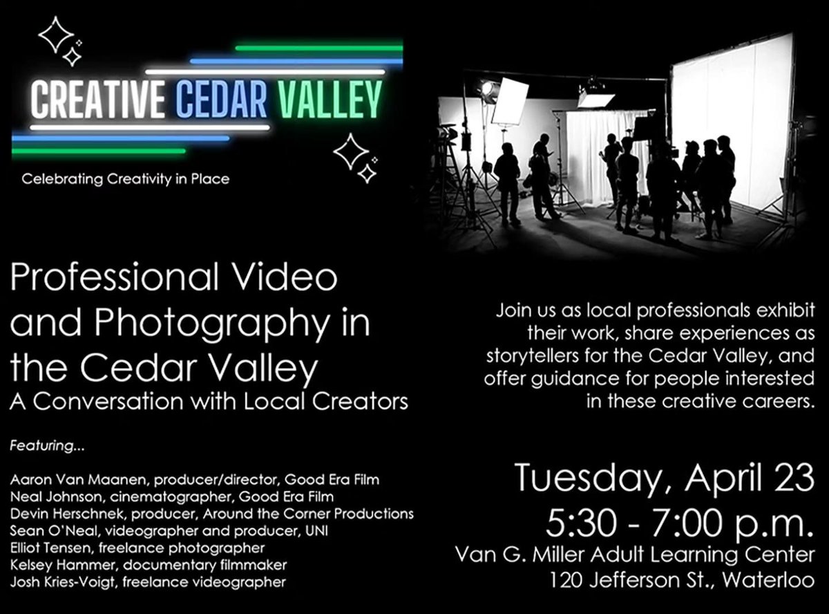 Learn about exciting photography, film and video careers from local creators at this free community event! 

📸 5:30-7 p.m. on Tuesday, April 23, at the Van G. Miller Adult Learning Center in Waterloo