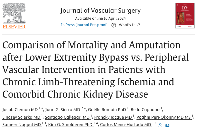 A new publication of our team just came out in <a href="/JVascSurg/">Journal of Vascular Surgery</a> ‼️‼️ Led by our members <a href="/JacobCleman/">Jacob Cleman</a> <a href="/sierrajuangui/">Juan Guillermo Sierra</a> <a href="/GaelleRomain_Y/">Gaëlle Romain, PhD</a> , we compared outcomes between bypass or peripheral vascular intervention among patients with CLTI and comorbid chronic kidney disease ⬇️⬇️⬇️