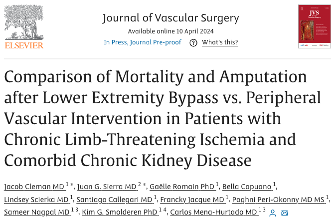 A new publication of our team just came out in @JVascSurg ‼️‼️ Led by our members @JacobCleman @sierrajuangui @GaelleRomain_Y , we compared outcomes between bypass or peripheral vascular intervention among patients with CLTI and comorbid chronic kidney disease ⬇️⬇️⬇️