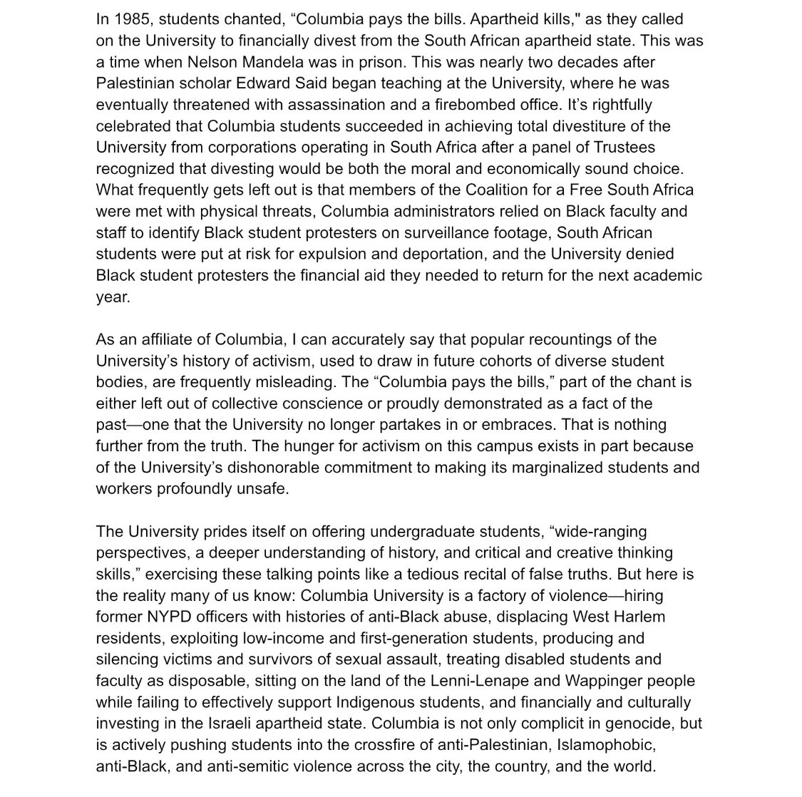 feeling this part extra hard today. talking w elders is always heartening/frustrating all at once bc history just repeats. cycles of violence accumulate more violence. and talking w current students just makes me even more disgusted by columbia, which i didn’t think was possible!