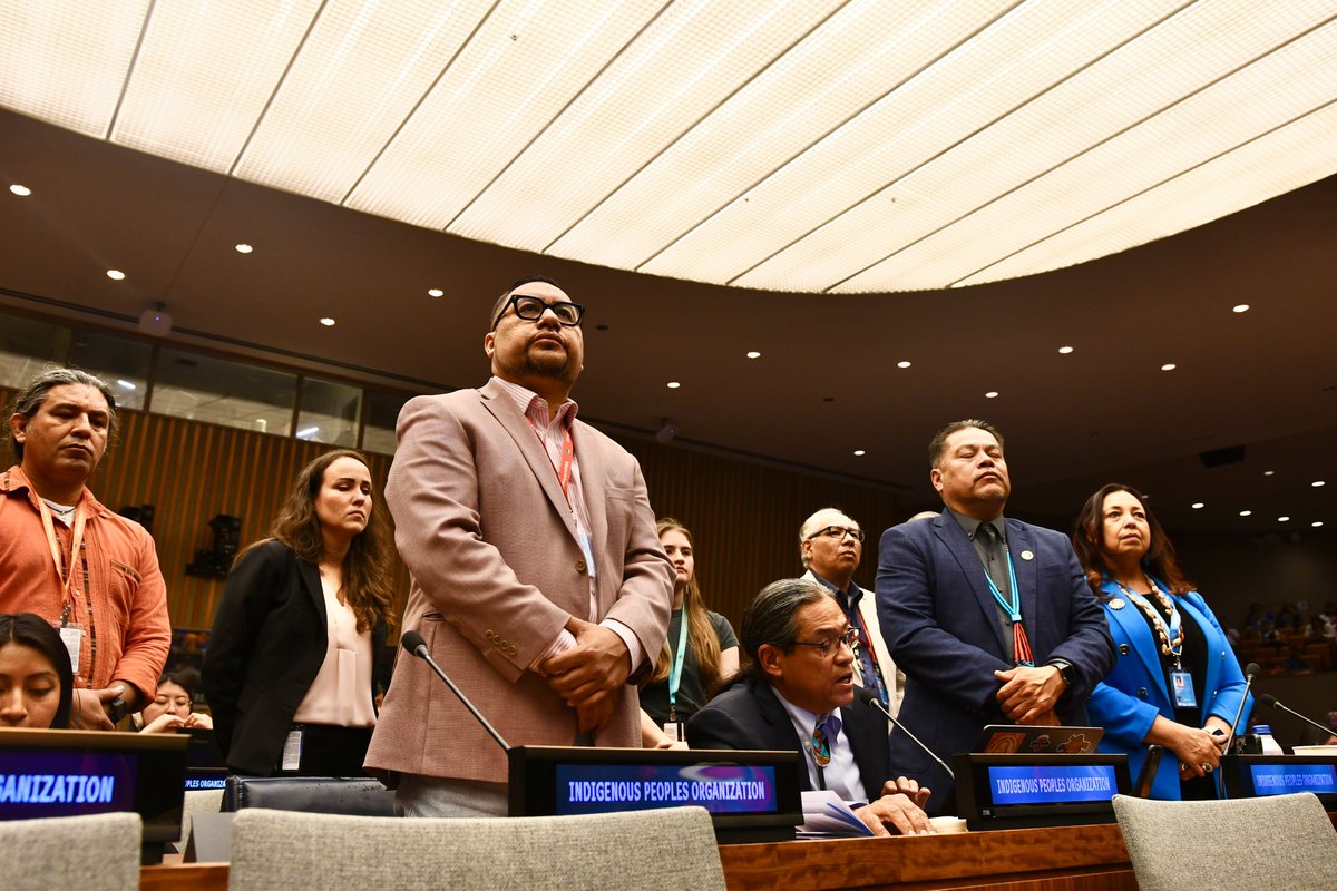 'Our sovereignty demands full and meaningful participation in the community of Nation-States.' NCAI President Mark Macarro spoke at the #UNPFII24 floor, backed by NCAI leadership and the NCAI Youth Commission, advocating for enhanced participation in the @UnitedNations system.