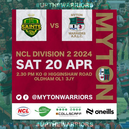 This weekend the Open Age 1st Team are back on the road.

Saturday 20th April

2024 @OfficialNCL Division 2

@OldhamStAnnes v @MytonWarriors 2:30pm KO

Bus Leaves 11:15am Supporters welcome £10 each🚎🍻🏉🏆❤️💚 

#UpTheWarriors #CommunityRL