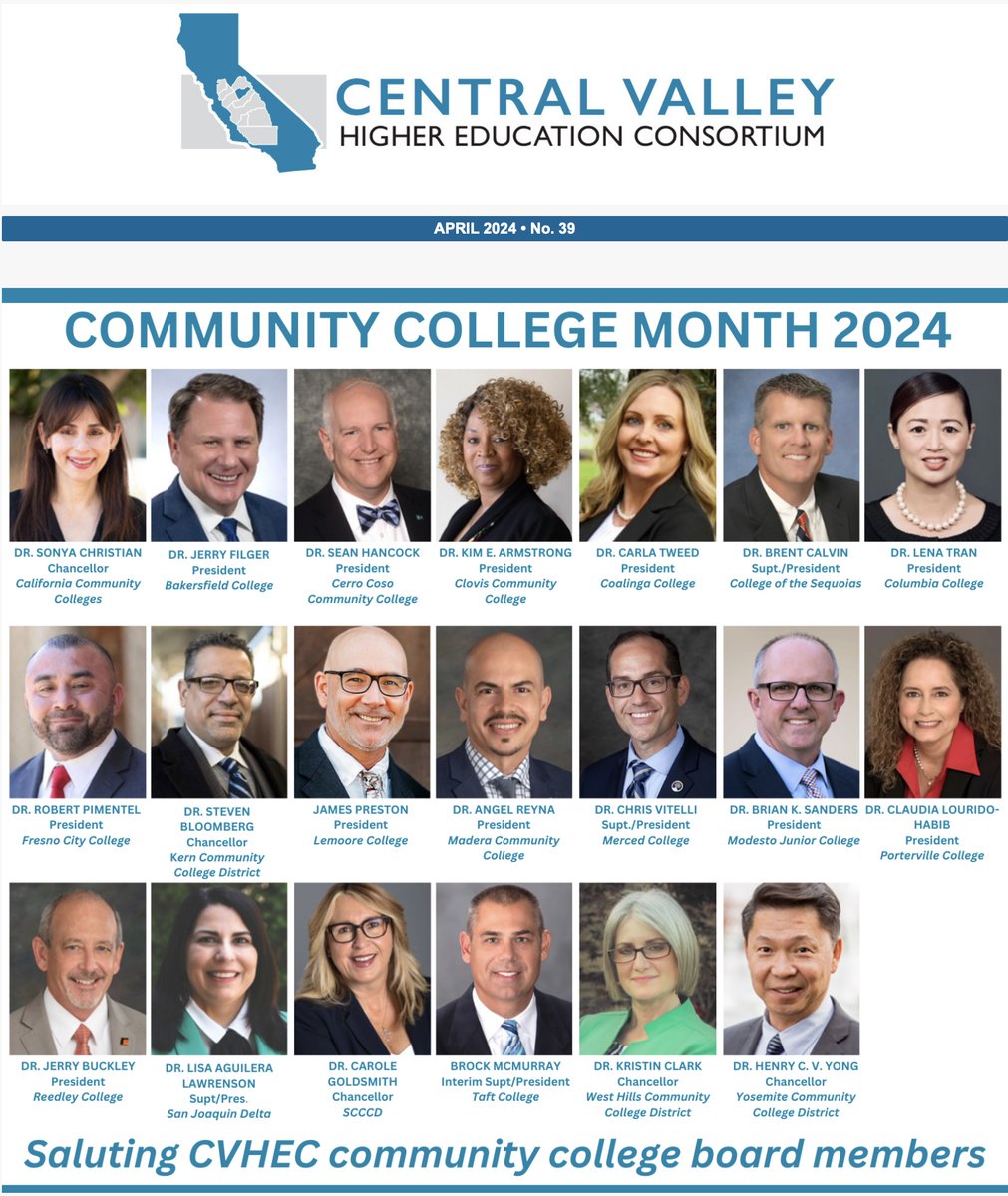 CVHEC_'s tweet photo. For #CommunityCollegeMonth, saluting 19 members of our board: CEOs of campuses/districts serving 212,755 students in our 9-county region. Also former board member @sonyachristian, @CalCommColleges chancellor: https://t.co/JXdKSvL7Ko
#CCMonth #CADream #CaliforniaCommunityColleges https://t.co/8M6VYyN2RD