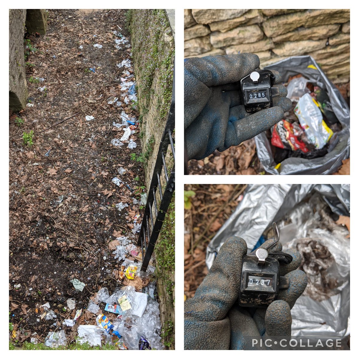 #Litter survey today. 250 #litter items from the pavements around @sainsburys #Stroud & 522 from a pit of doom in one pavement. It's suffer wind blown #plastics. What's around your supermarket?