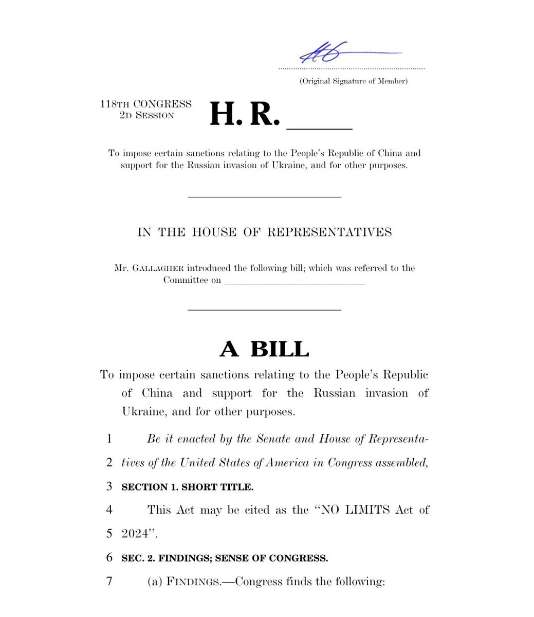 BREAKING: Chairman @RepGallagher, @RepJimmyPanetta, @RepMoolenaar & @RepGolden introduce the NO LIMITS Act, to impose sanctions on any Chinese military firm that provides material support to Russia. Read the bill ⬇️ selectcommitteeontheccp.house.gov/media/press-re…