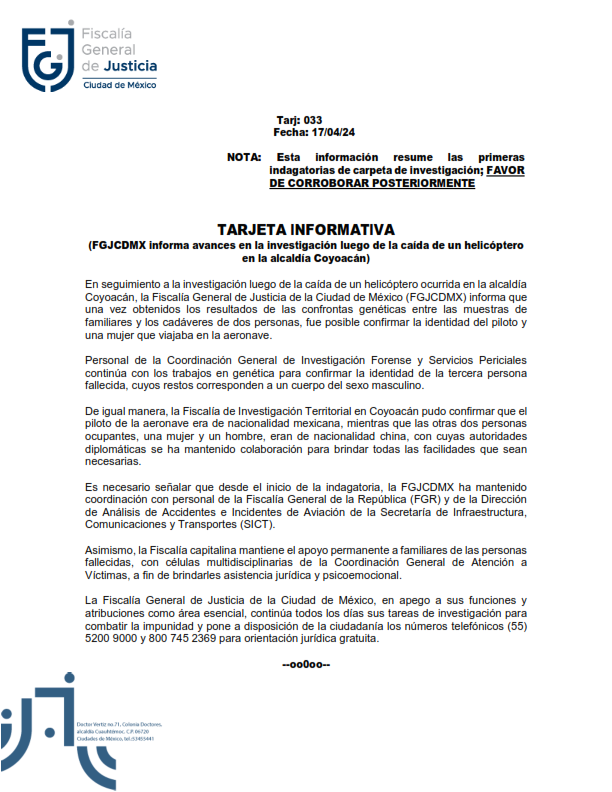 #CDMX La Fiscalía General de Justicia de la Ciudad de México (@FiscaliaCDMX) informó que los resultados obtenidos de la investigación de la caída de un helicóptero en la alcaldía #Coyoacán el pasado 14 de abril, han permitido confirmar la identidad del piloto de esta aeronave,…