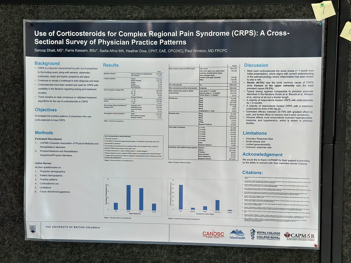My fantastic duo of @UBC_PMR Dr. Saroop Dhatt and @UBCDoM Farris Kassam produced this fabulous national survey on the use of corticosteroids in #CRPS Yes it is normal for Canadian. Doctors and #stroke is the most common setting for PMR docs. Congrats on @CAPM_R resident research…