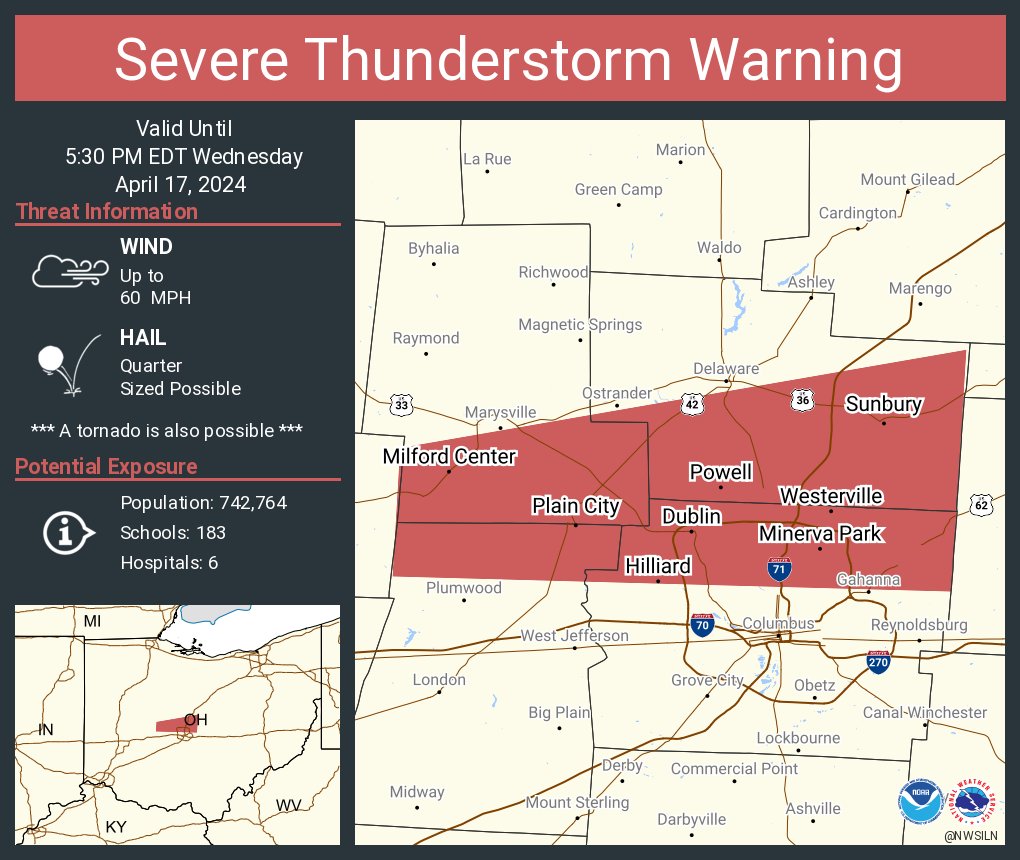 Severe Thunderstorm Warning including Dublin OH, Westerville OH and Hilliard OH until 5:30 PM EDT