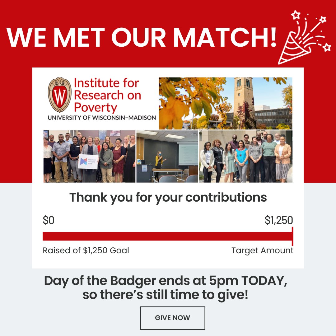 WOO HOO! Thanks to wonderful donors, we met our generous #DayoftheBadger match of $1,250, and we're still going strong! Make YOUR gift before 5pm to be part of our work to support the next generation of poverty, inequality, and economic mobility scholars. dayofthebadger.org/campaign/resea…