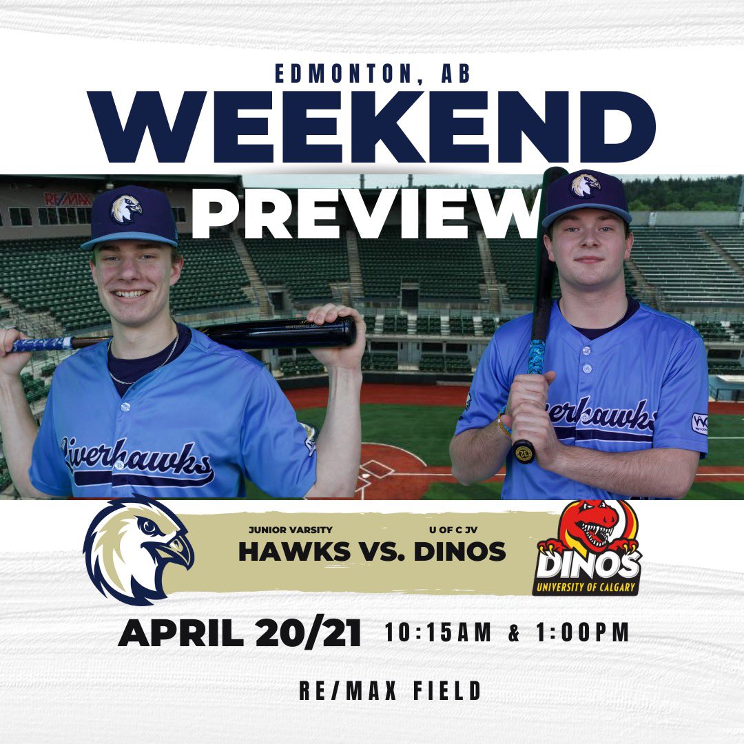 With heavy snow arriving in Southern Alberta, the @ucdinosbaseball will be playing their home games in Edmonton this weekend at RE/MAX Field. Game times for the Varsity Hawks & Dinos are scheduled for 3:30 & 6:30pm. The JV Dinos will also be taking on the JV Hawks in Edmonton!