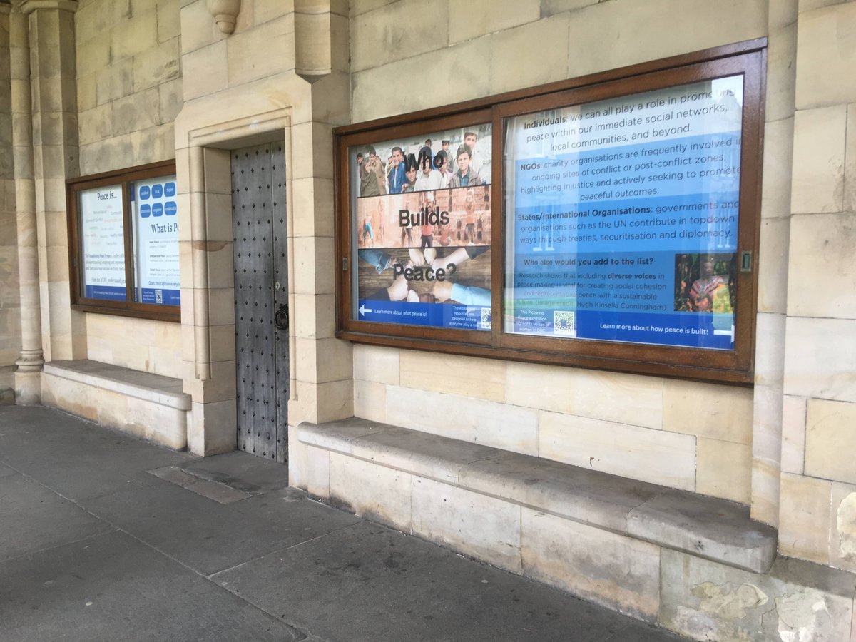 VisualisingWar's tweet photo. Super proud of our #VisualisingPeace students who have set up a series of fantastic display boards at the heart of @univofstandrews to get passersby thinking and talking about what peace means to them and what/who peacebuilding can involve. #CitizenScholars #YouthPeaceBuilders https://t.co/9ZQJ6otR5y