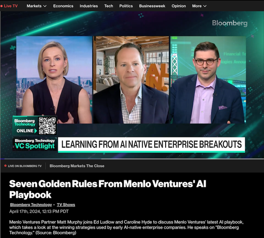 Started the morning strong! @Mmurph was on @BloombergTV with @EdLudlow and @CarolineHydeTV talking about the first AI apps to crack the enterprise and a new playbook from our team at Menlo Ventures that examines the strategies these apps used to break out and distill them into 7