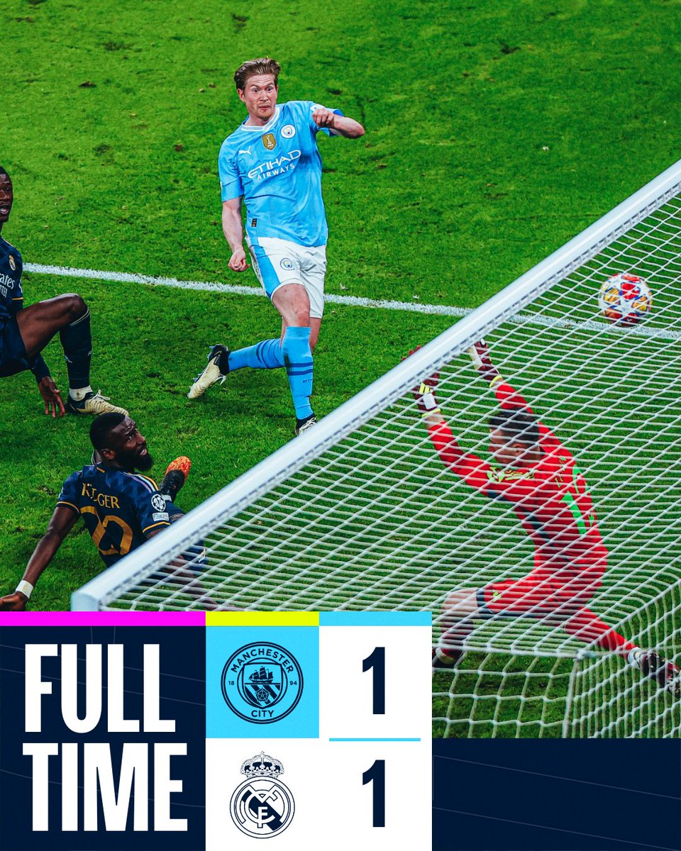 ManCity's tweet photo. FULL-TIME | Extra time is needed ⏱️

🩵 1-1 ⚫️ #ManCity | #UCL https://t.co/1KouvPS6lL