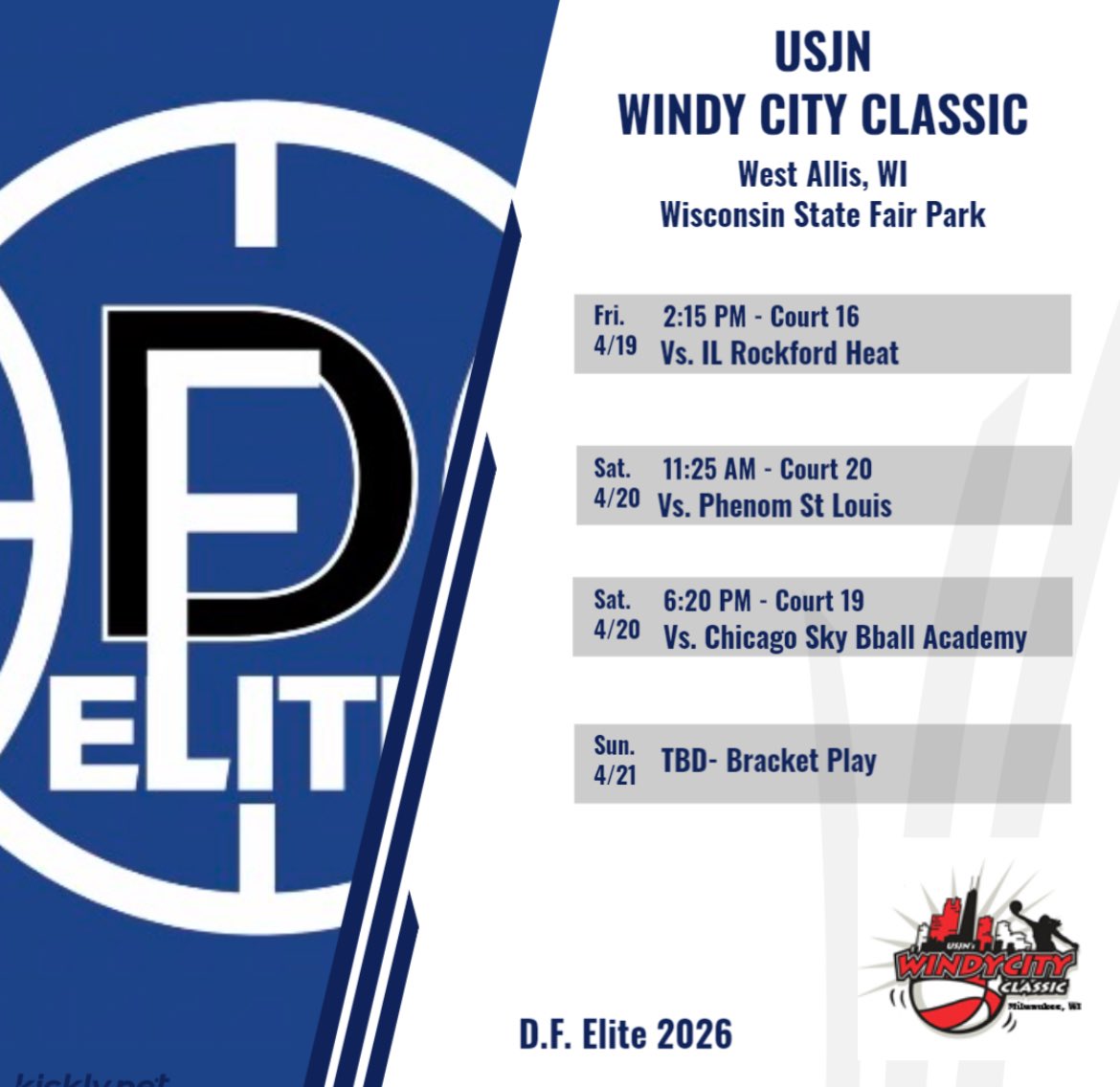 Here is our schedule for this weekend’s <a href="/USJN/">USJN</a> Windy City Classic.
